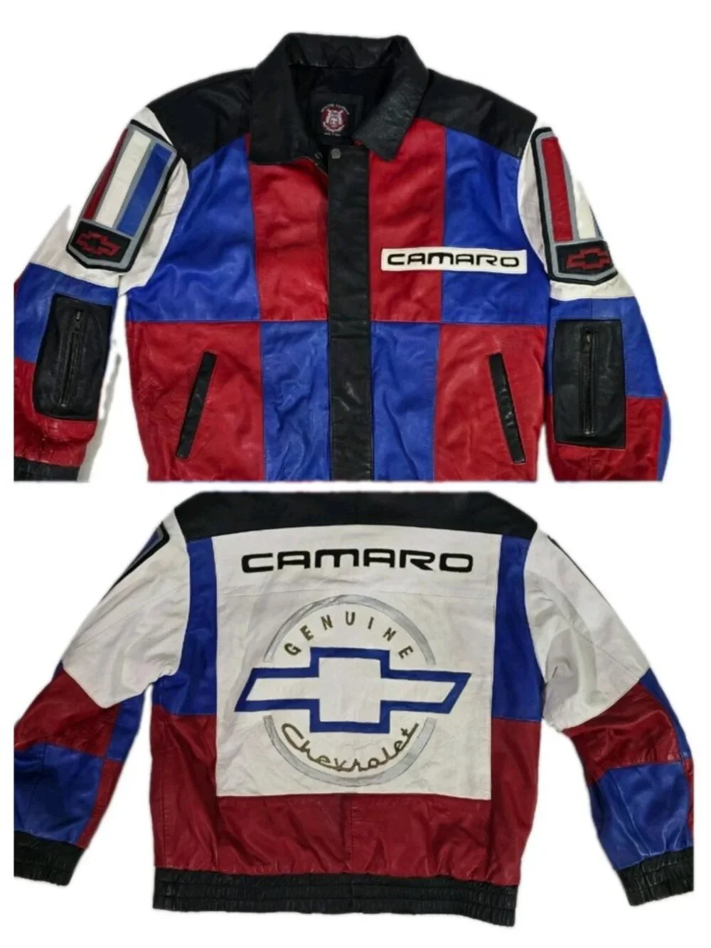 Vintage 1990s Red Dawg CHEVROLET CAMARO Color Block Leather Bomber Jacket Mens M